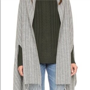 Madewell Pinstripe Fringe Scarf Poncho Convertible Gray Wool Blend Wrap One Size